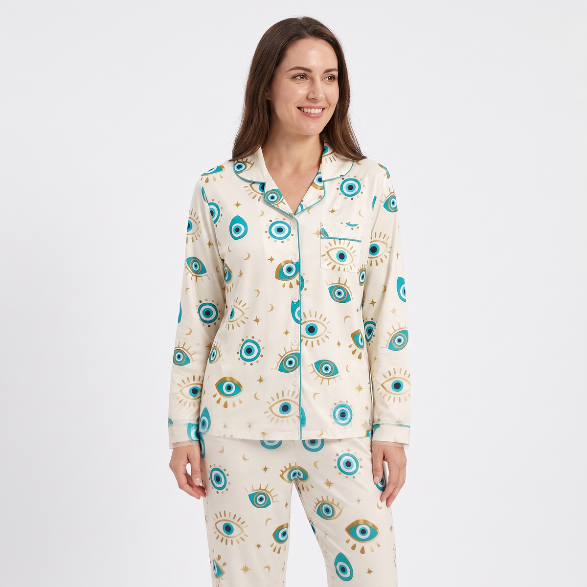 Lucky Evil Eye Women's Pajama Set - Cream - long sleeve and pants
