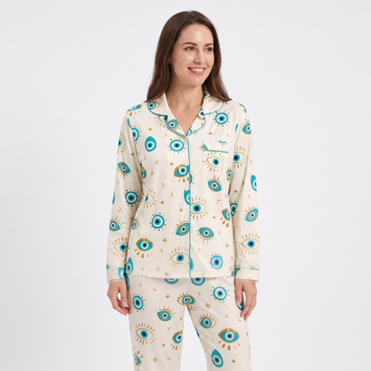 Lucky Evil Eye Women's Pajama Set - Cream - long sleeve and pants