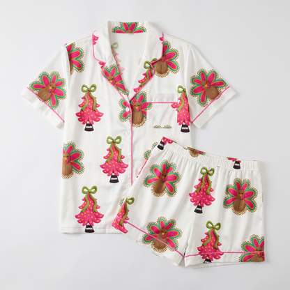 Hot Pink Christmas Trees Women's Pajama Set - flat lay