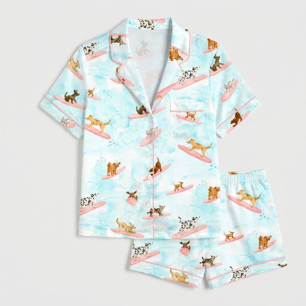 Women's satin pajama set with dalmatians and terriers surfing on pink boards on watercolor blue - flat lay