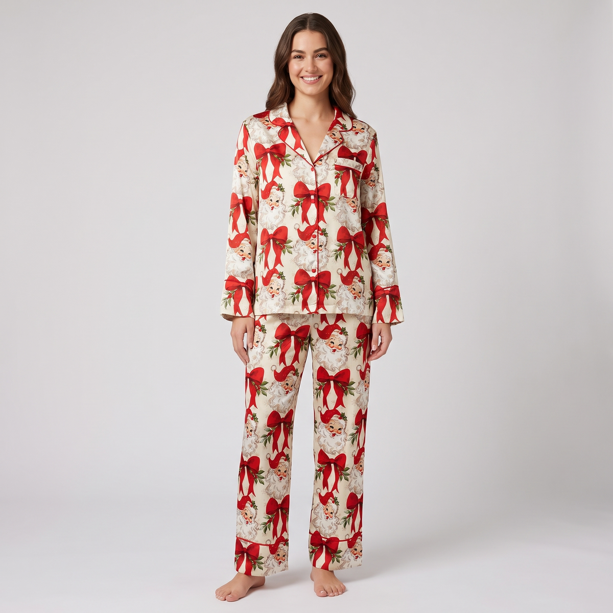 Ecru Santa & Red Bows Women's Pajama Set - long sleeve and pants