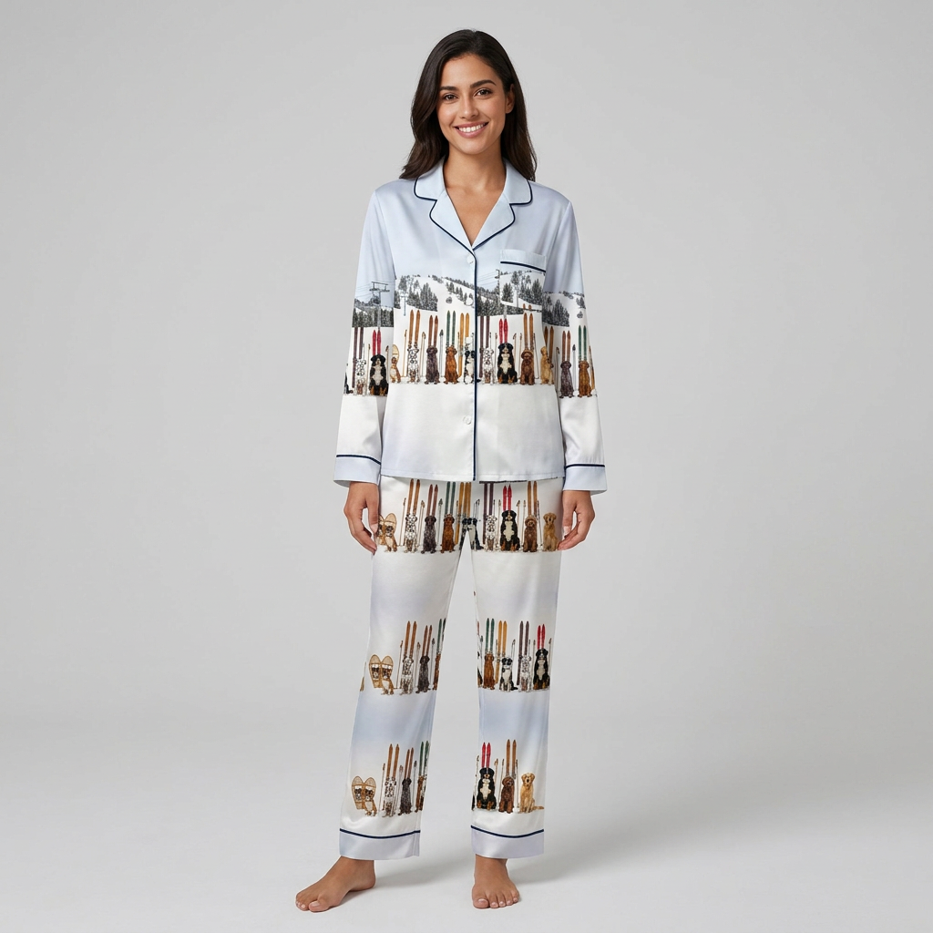 Women's satin pajama set with a row of dogs beside their skis on a snowy mountain slope with lift cables - long sleeve and pants