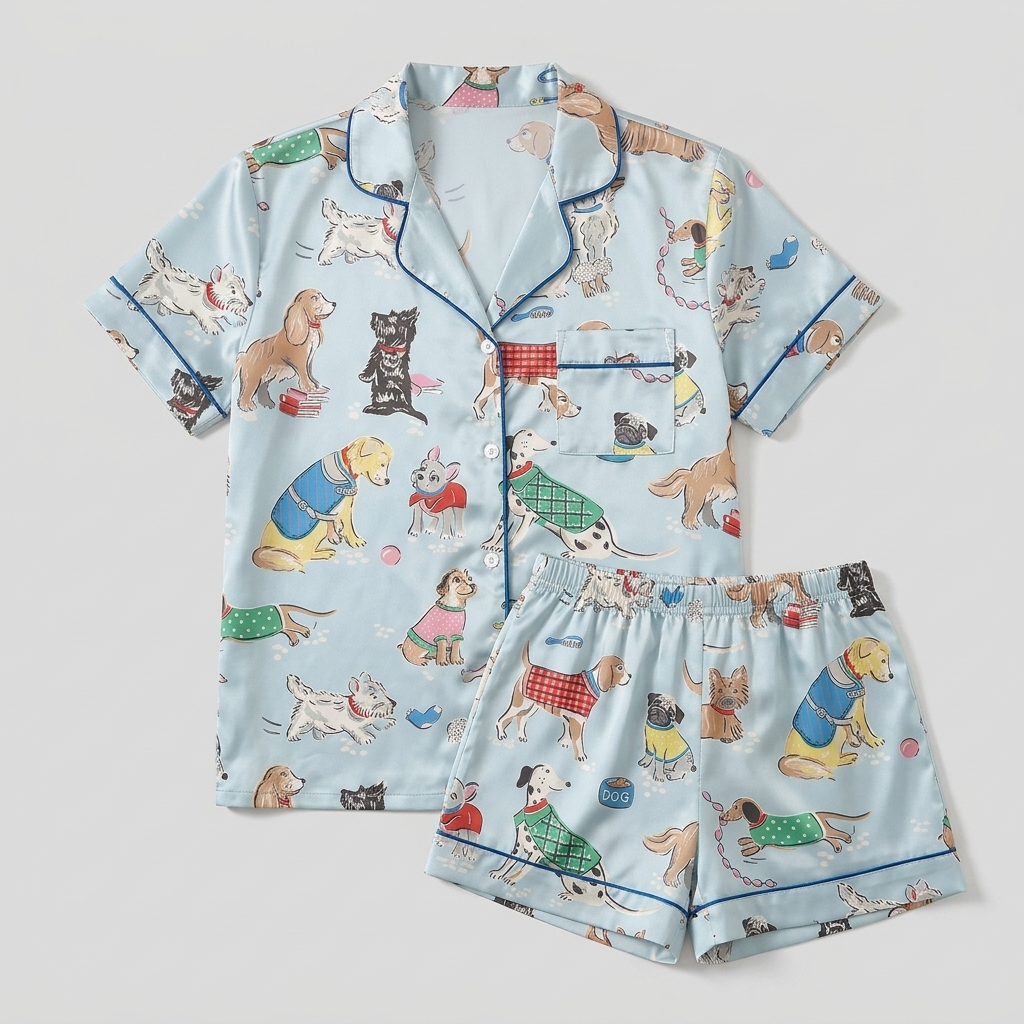 Women's satin pajama set with spaniels, terriers and pugs in plaid knit sweaters on sky blue - flat lay