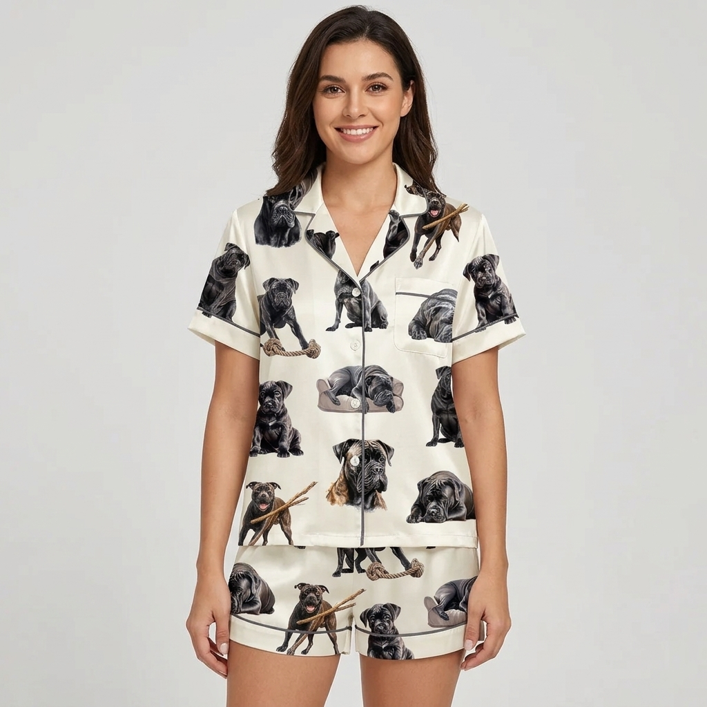 Women's satin pajama set with black Cane Corsos chewing sticks and posing on crisp white - short sleeve and shorts