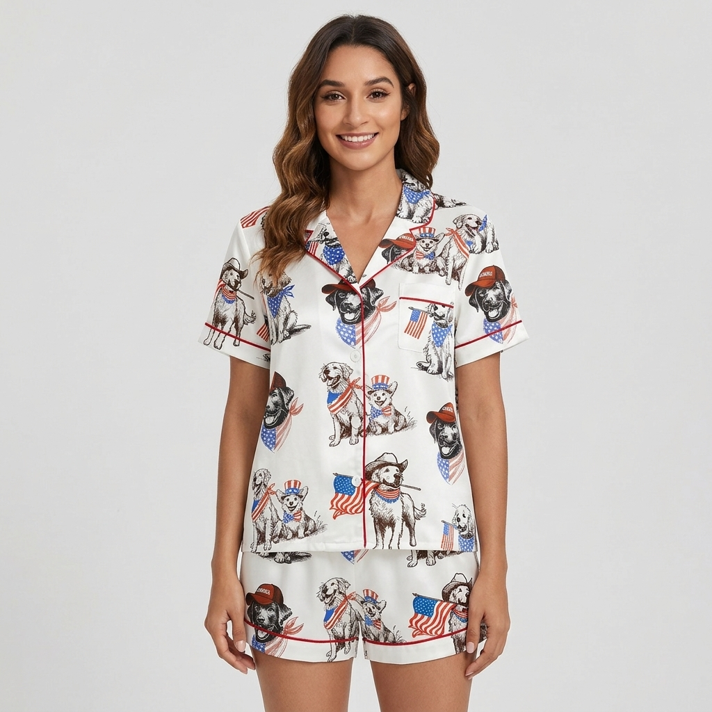 Women's satin pajama set with golden retrievers in cowboy hats with tiny American flags on white - short sleeve and shorts
