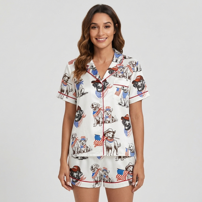 Women's satin pajama set with golden retrievers in cowboy hats with tiny American flags on white - short sleeve and shorts