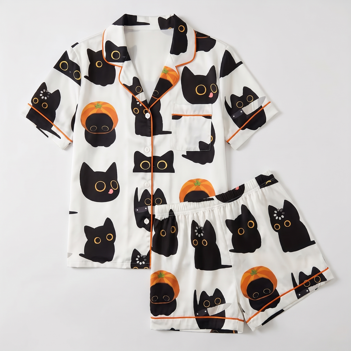 Pumpkin Black Cats Women's Pajama Set - flat lay