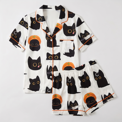 Pumpkin Black Cats Women's Pajama Set - flat lay