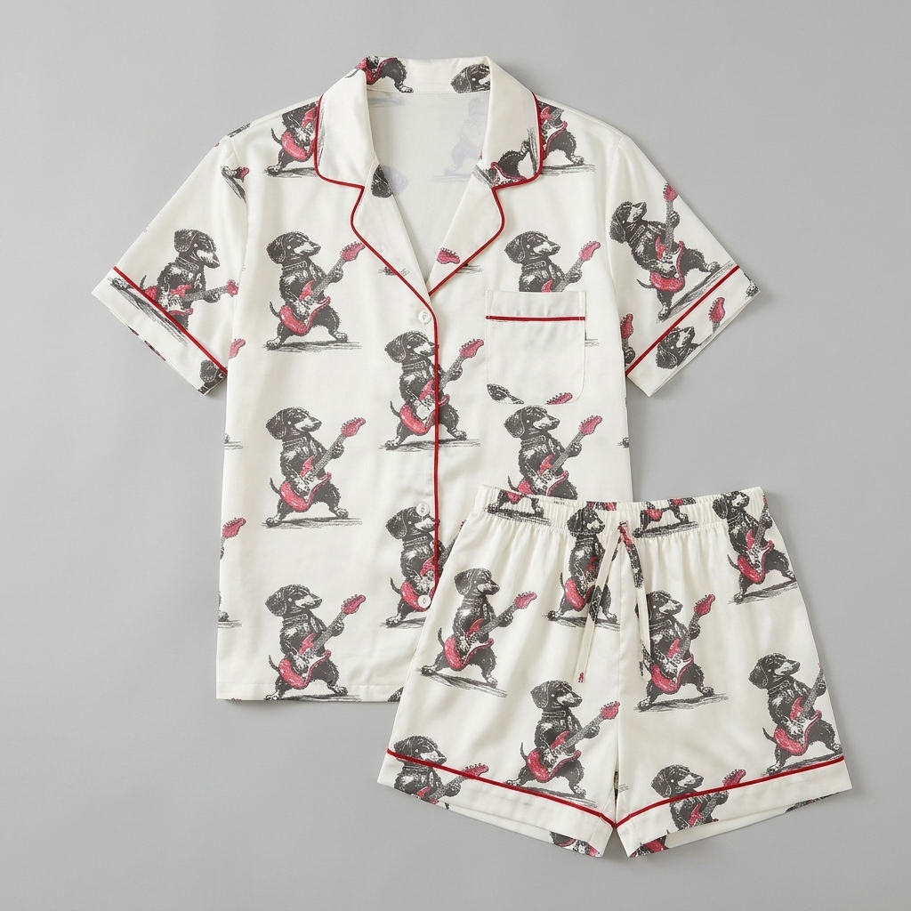 Women's satin pajama set with gray dachshunds playing red electric guitars on white with red piping - flat lay