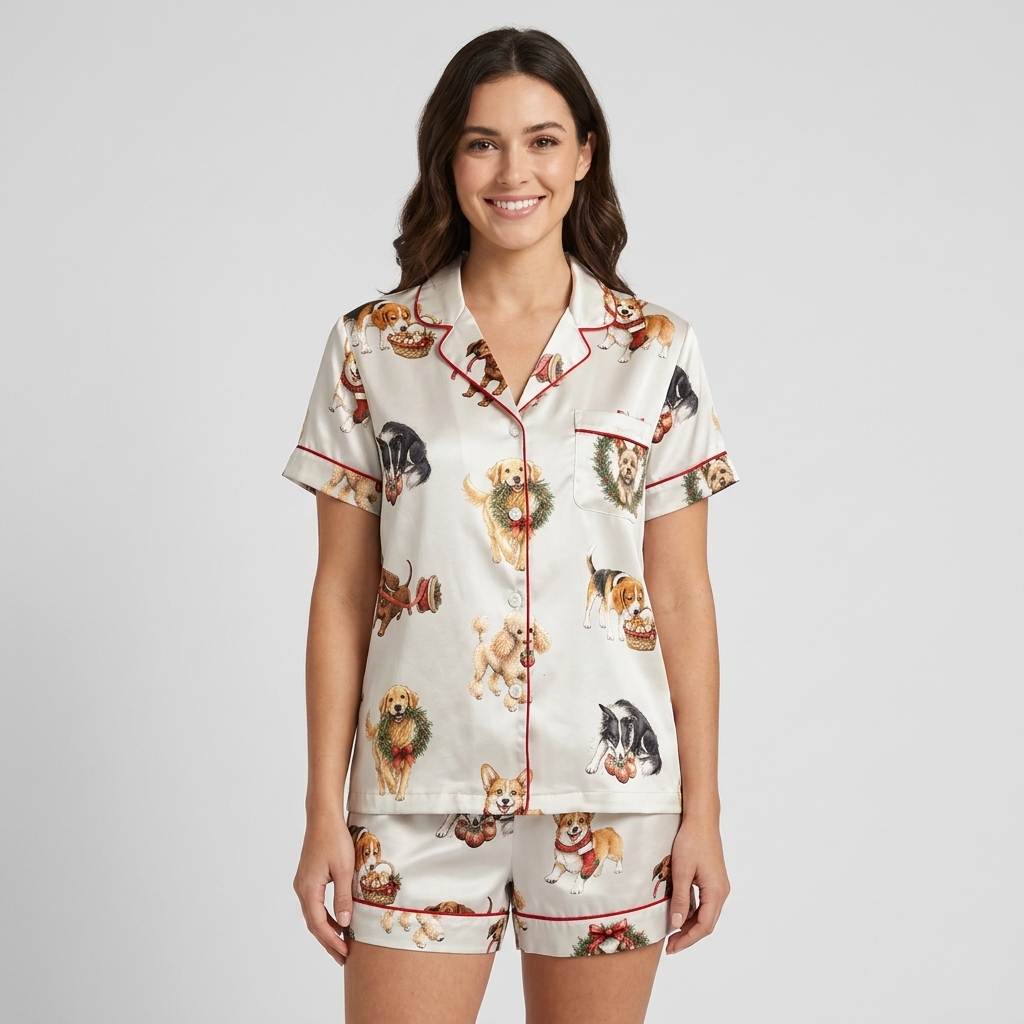 Women's satin pajama set with retrievers, beagles and terriers popping through holly wreaths on white - short sleeve and shorts