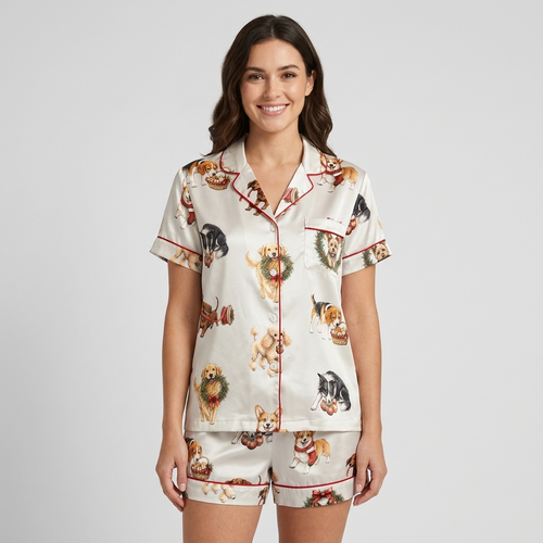 Women's satin pajama set with retrievers, beagles and terriers popping through holly wreaths on white - short sleeve and shorts
