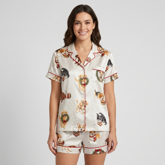 Women's satin pajama set with retrievers, beagles and terriers popping through holly wreaths on white - short sleeve and shorts
