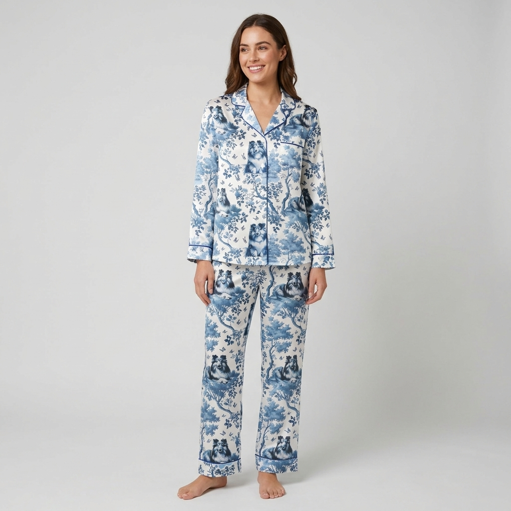 Women's satin pajama set with Shetland sheepdogs among blue-and-white toile trees and butterflies - long sleeve and pants