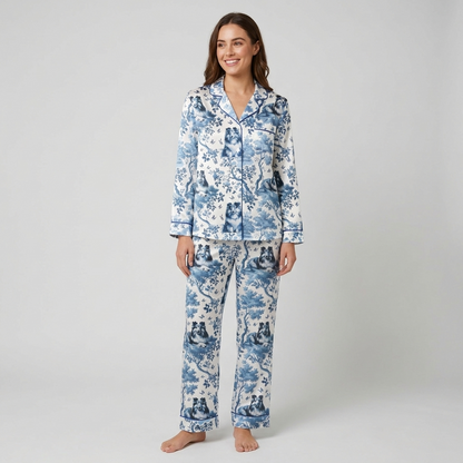 Women's satin pajama set with Shetland sheepdogs among blue-and-white toile trees and butterflies - long sleeve and pants