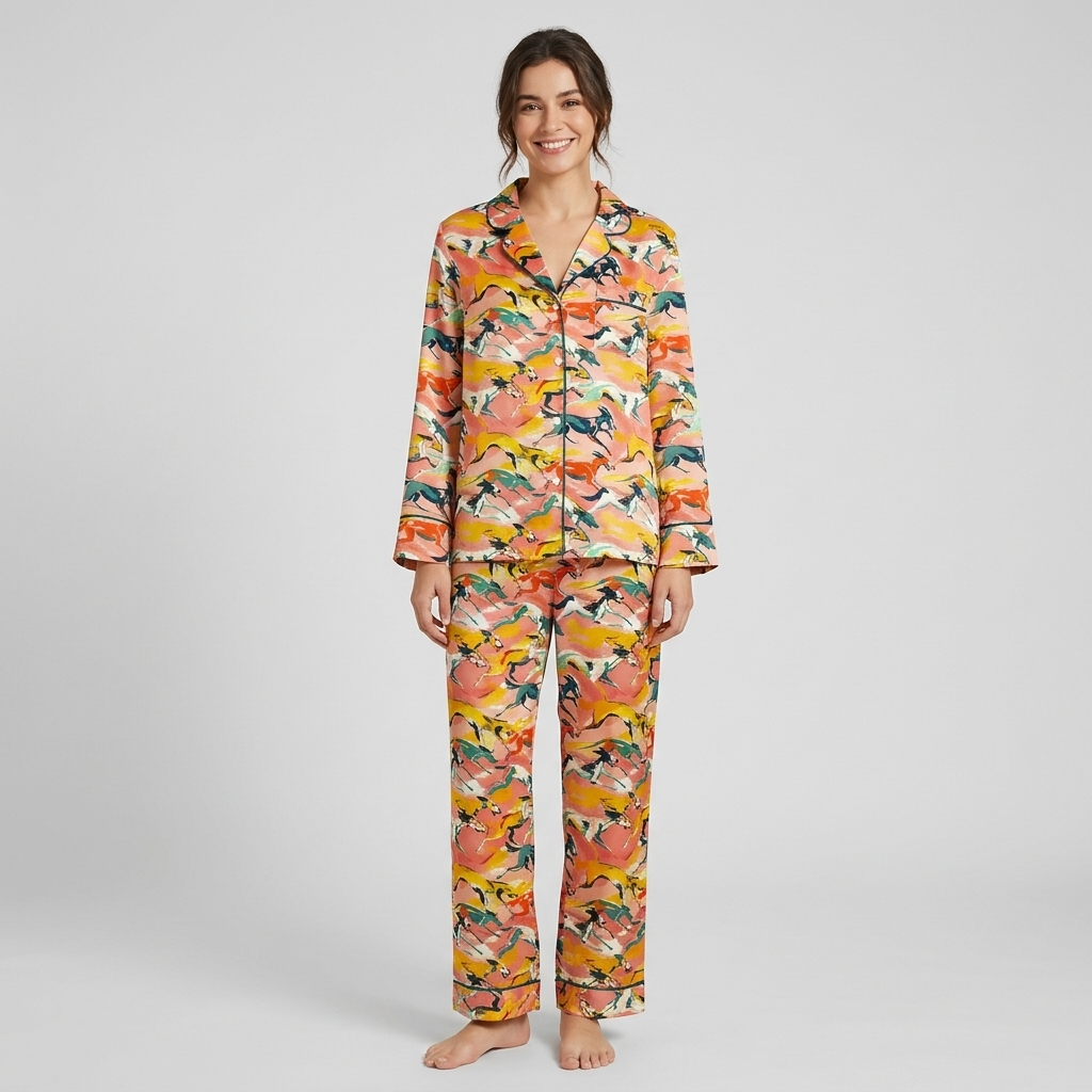 Women's satin pajama set with racing greyhounds in a retro swirl of coral, mustard, blush and green - long sleeve and pants