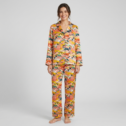 Women's satin pajama set with racing greyhounds in a retro swirl of coral, mustard, blush and green - long sleeve and pants