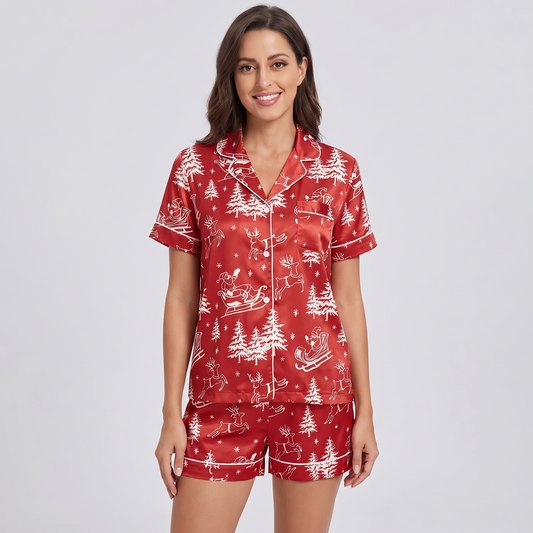 Red Sleigh Ride Women's Pajama Set - short sleeve and shorts