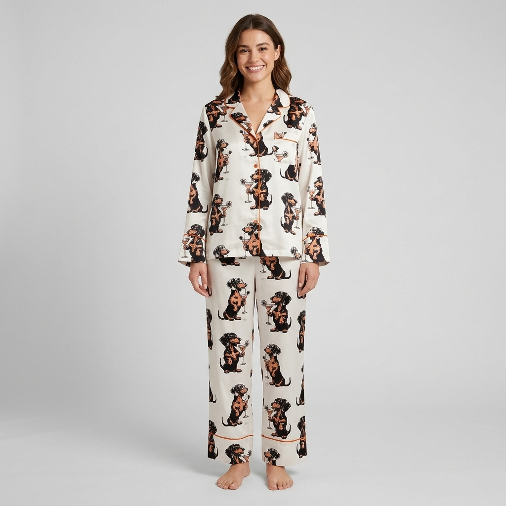 Women's long-sleeve satin pajama set with black-and-tan dachshunds raising martini glasses on white - long sleeve and pants