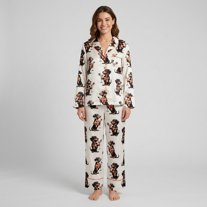 Women's long-sleeve satin pajama set with black-and-tan dachshunds raising martini glasses on white - long sleeve and pants