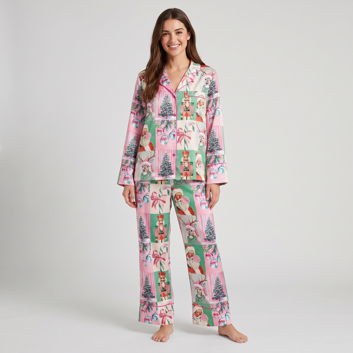 Playful Santa Patchwork Women's Pajama Set - long sleeve and pants