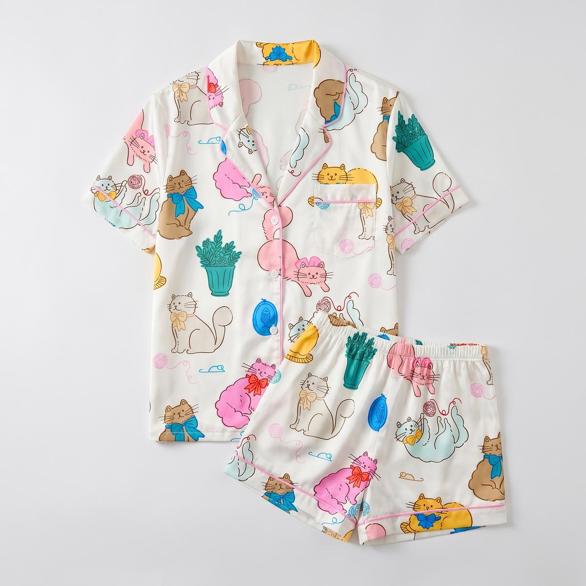 Pastel Plant Kitties Women's Pajama Set - flat lay