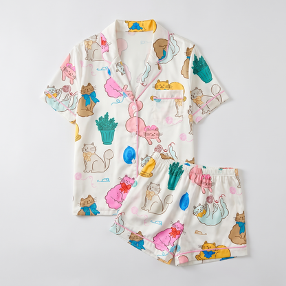 Pastel Plant Kitties Women's Pajama Set - flat lay