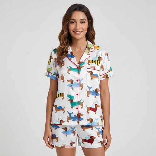 Women's satin pajama set with dachshunds dressed as sharks, dinosaurs, bees, unicorns and bunnies on white with red piping - short sleeve and shorts