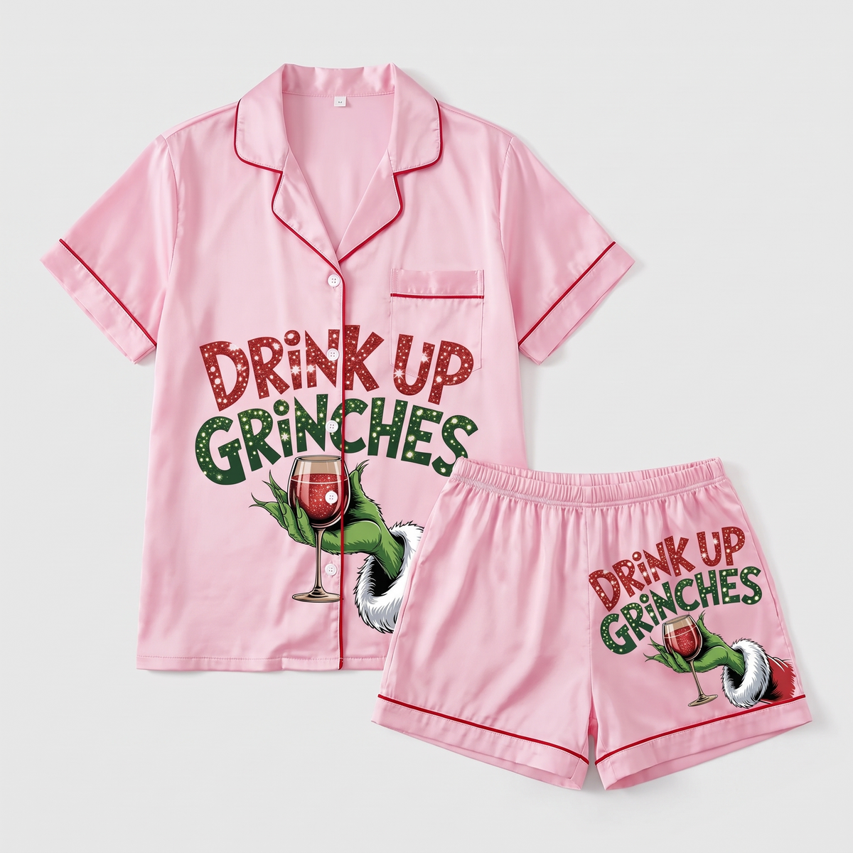 Drink Up Grinches Inspired Women's Pajama Set - flat lay
