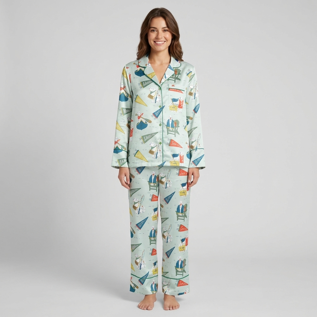 Women's satin pajama set with dogs in Adirondack chairs and canoes with fishing flags on mint green - long sleeve and pants
