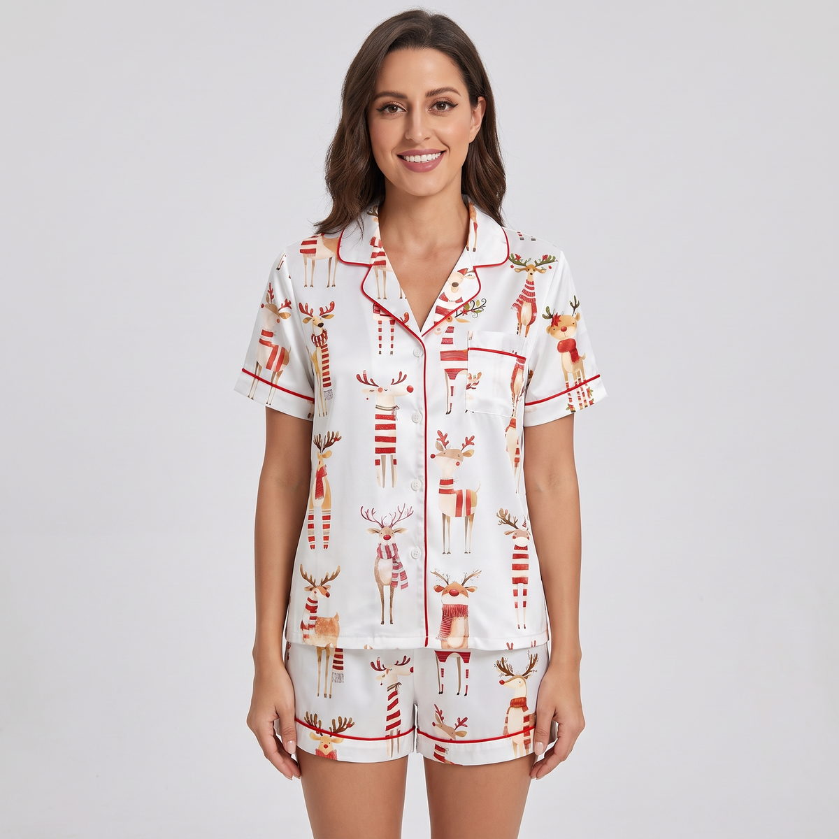 Funny Reindeer Watercolor Women's Pajama Set - short sleeve and shorts