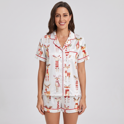 Funny Reindeer Watercolor Women's Pajama Set - short sleeve and shorts