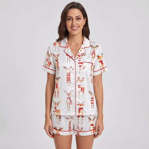 Funny Reindeer Watercolor Women's Pajama Set - short sleeve and shorts