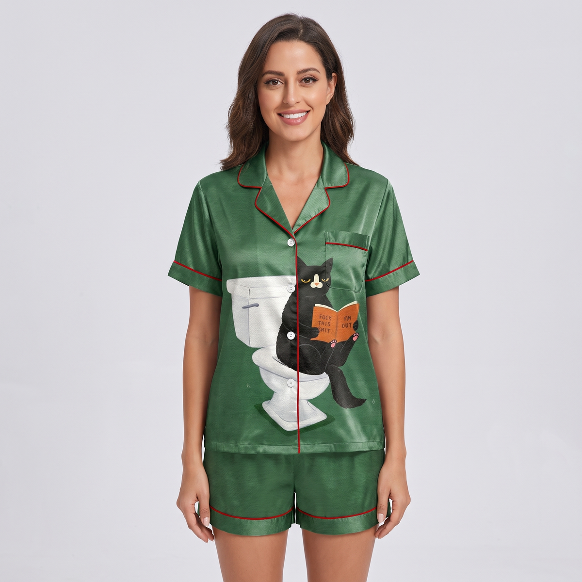 Bathroom Reader Cat Women's Pajama Set - short sleeve and shorts