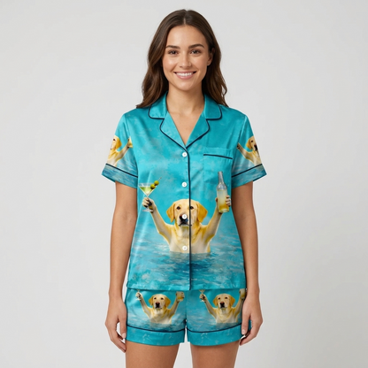 Women's satin pajama set with a yellow Labrador in a turquoise pool holding a martini - short sleeve and shorts