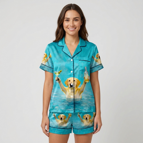 Women's satin pajama set with a yellow Labrador in a turquoise pool holding a martini - short sleeve and shorts