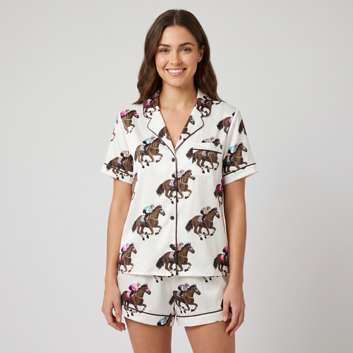 Pink Teal Silks Racing Horses Women's Pajama Set - short sleeve and shorts