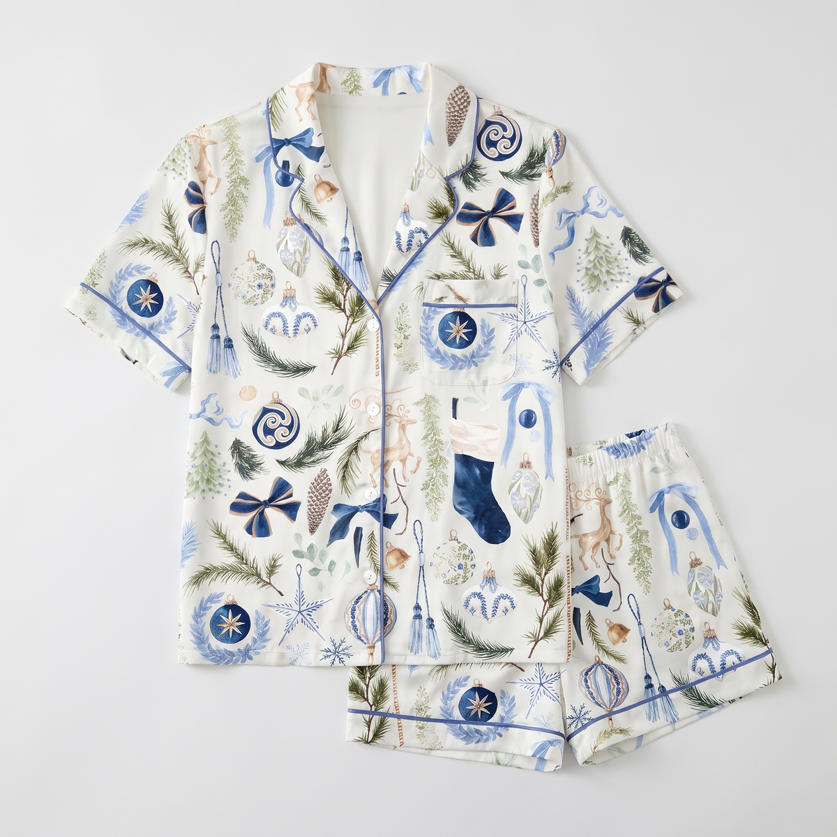 Royal Blue Watercolor Christmas Women's Pajama Set - flat lay