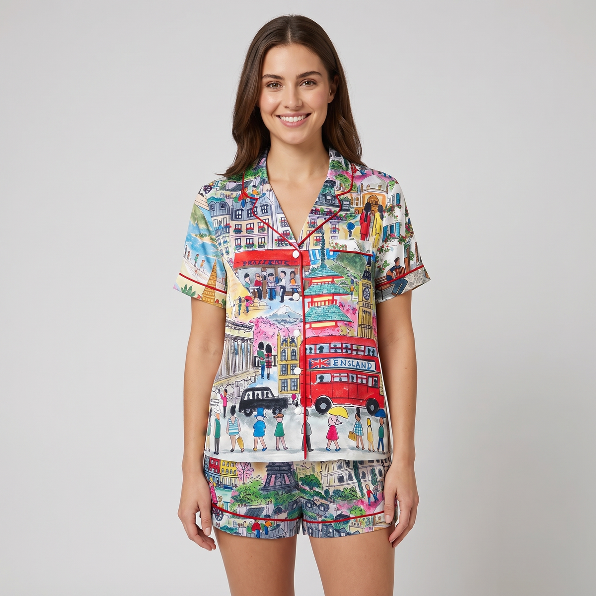 Around The World Christmas Women's Pajama Set - short sleeve and shorts