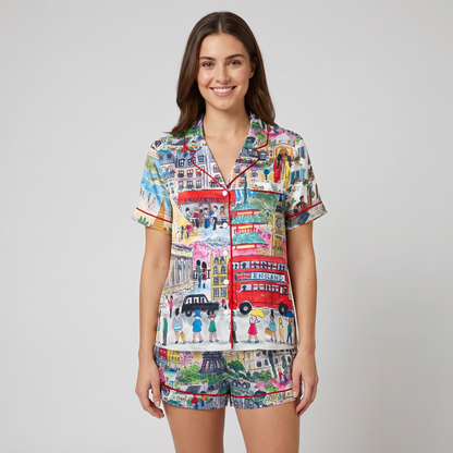 Around The World Christmas Women's Pajama Set - short sleeve and shorts