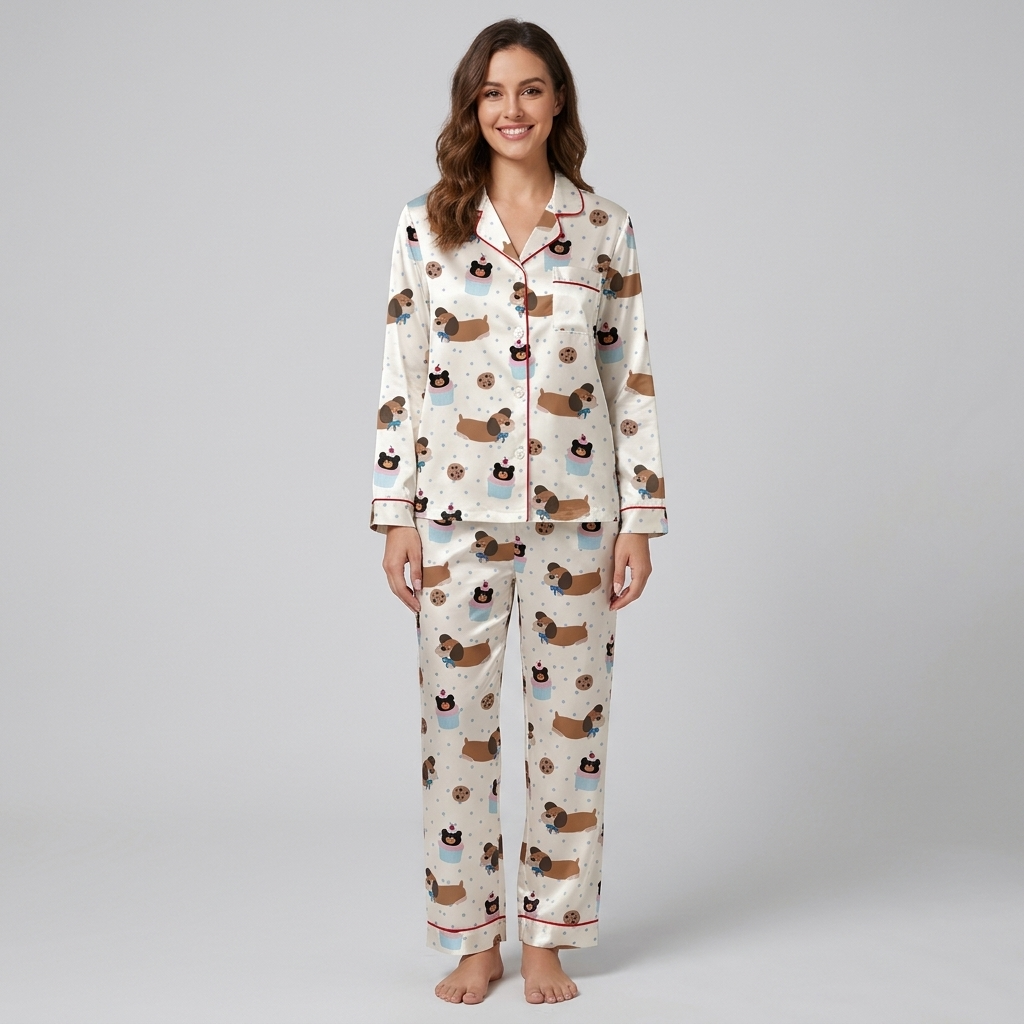 Women's satin pajama set with dachshunds in bow ties with cookies and cupcakes on white - long sleeve and pants