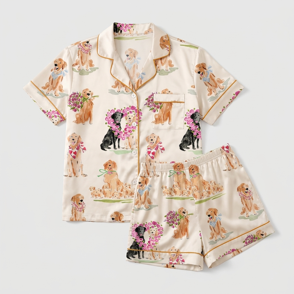 Women's satin pajama set with golden retrievers and a black Lab holding pink roses in flower hearts on cream - flat lay