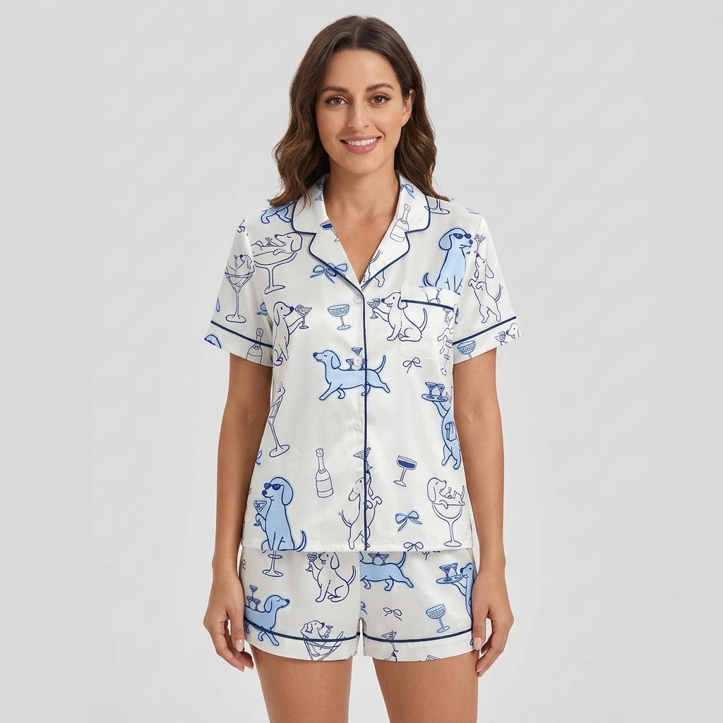 Women's satin pajama set with blue dachshunds in sunglasses toasting with martinis and champagne on white - short sleeve and shorts