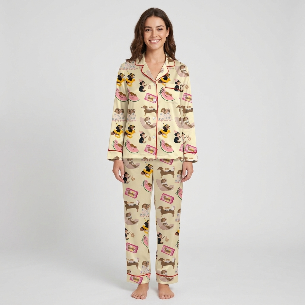 Dachshund Summer Day Women's Pajama Set - Beige long sleeve and pants