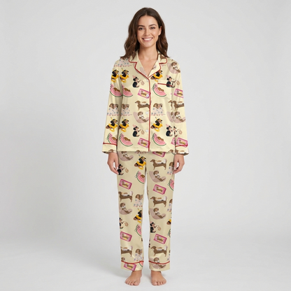 Dachshund Summer Day Women's Pajama Set - Beige long sleeve and pants