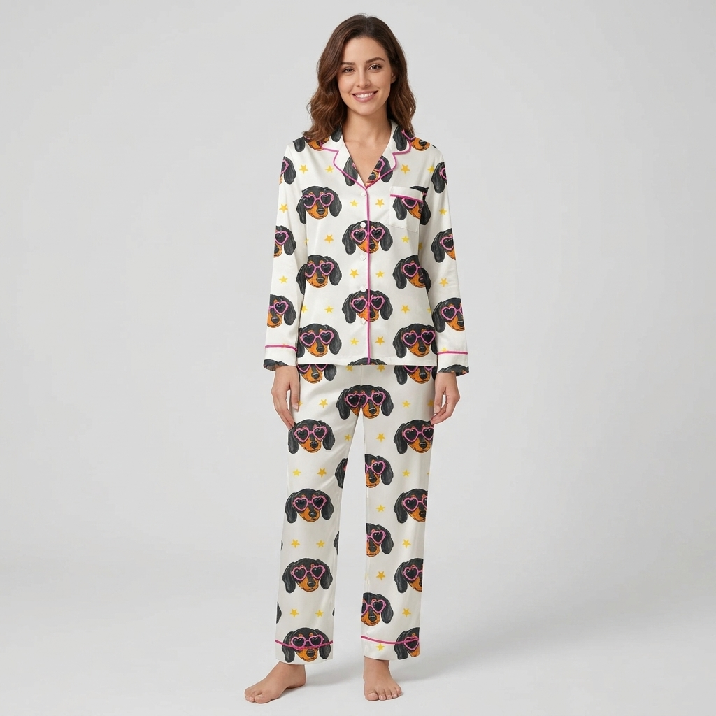Women's satin pajama set with dachshund faces in pink heart sunglasses and tiny gold stars on white - long sleeve and pants