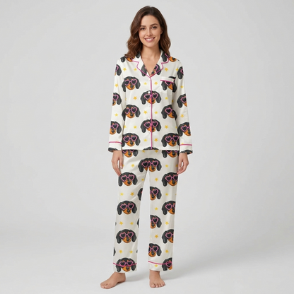 Women's satin pajama set with dachshund faces in pink heart sunglasses and tiny gold stars on white - long sleeve and pants
