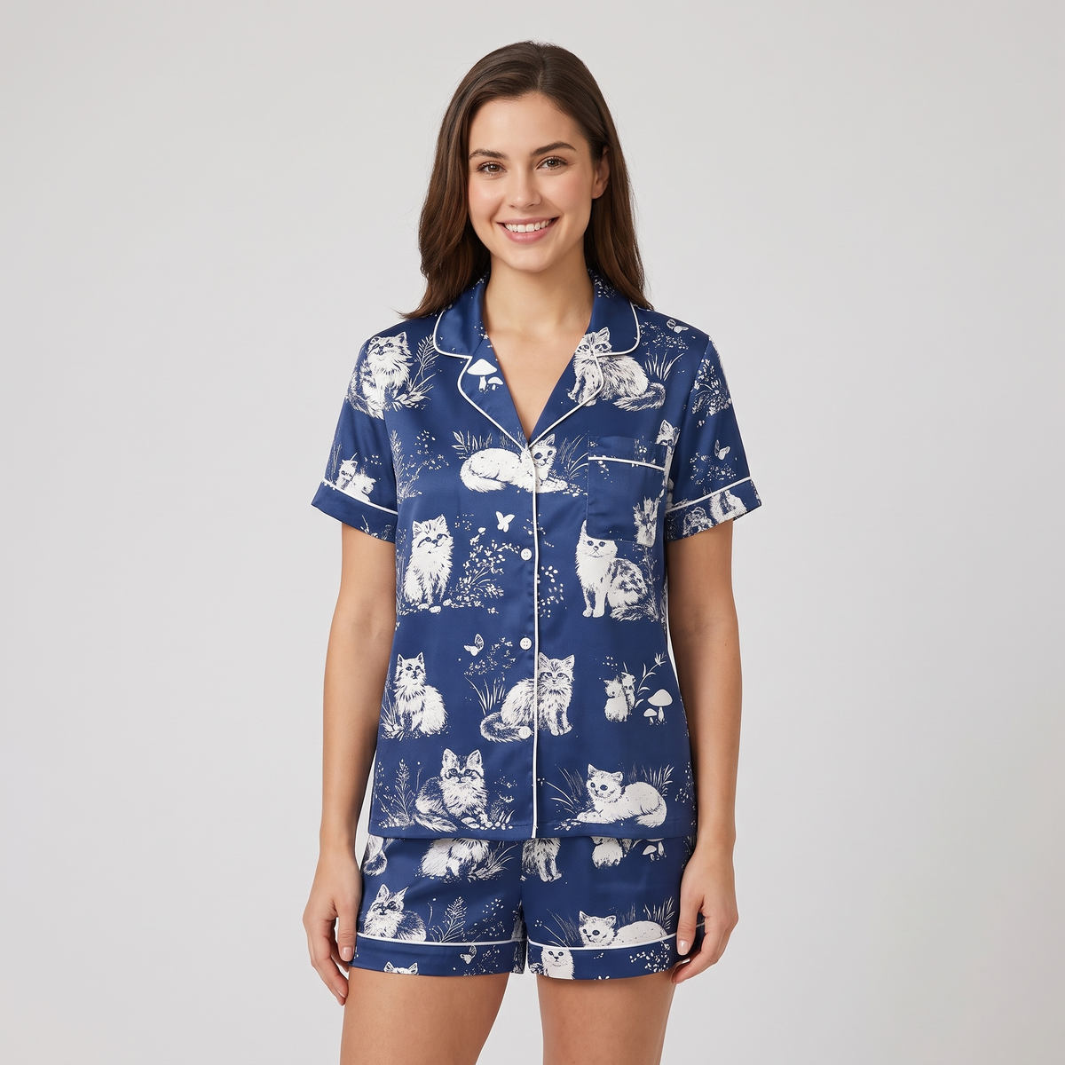 Cottage Toile Cats Women's Pajama Set - short sleeve and shorts