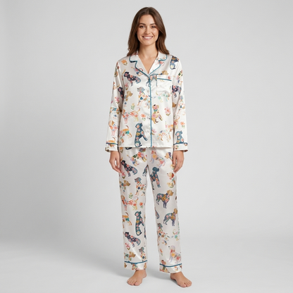 Floral Silhouette Dogs Women's Pajama Set - White long sleeve and pants