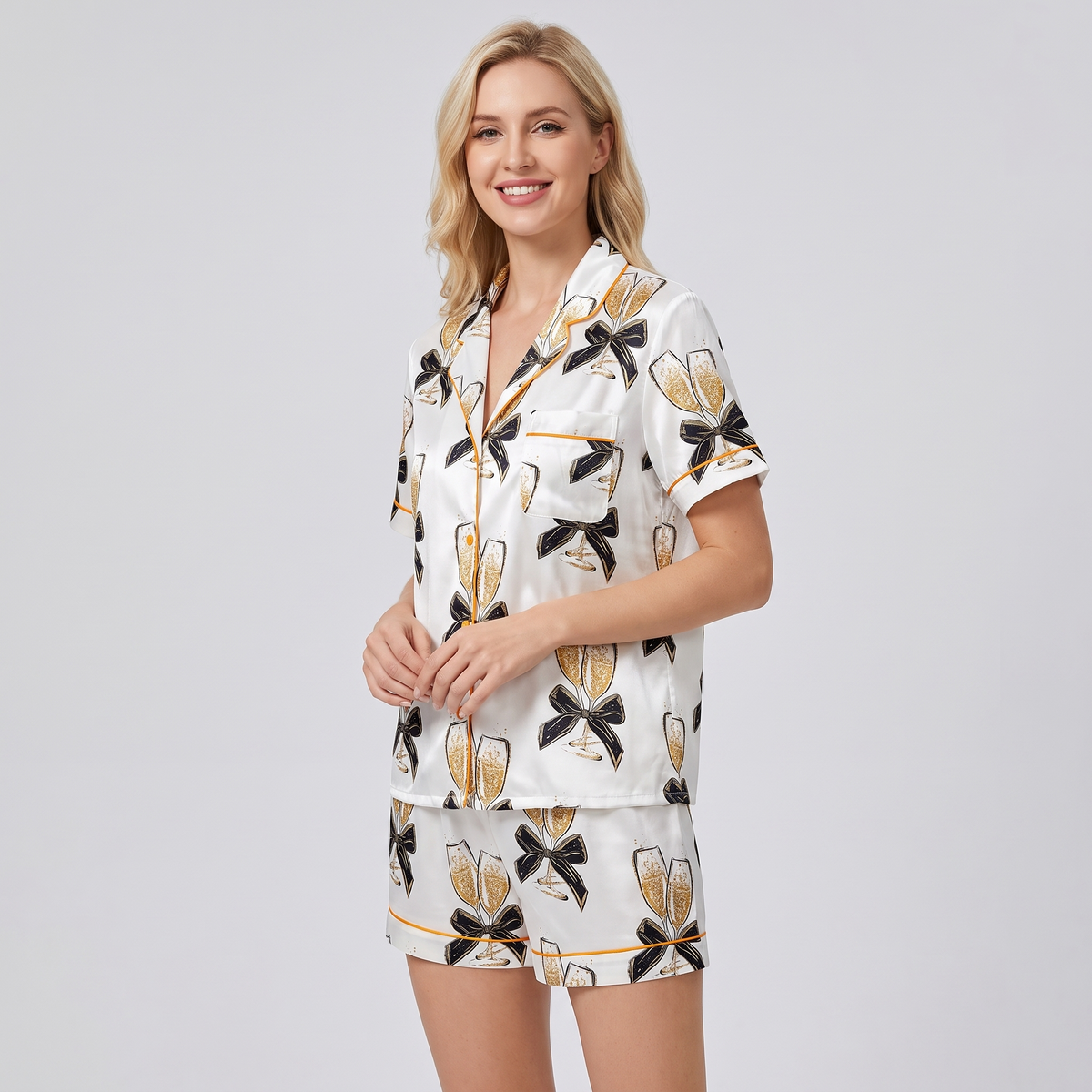 Champagne & Black Bows Women's Pajama Set - short sleeve and shorts