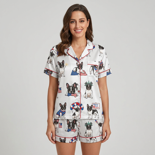 Women's satin pajama set with black-and-white French bulldogs in star bandanas and tiny crowns on white - short sleeve and shorts